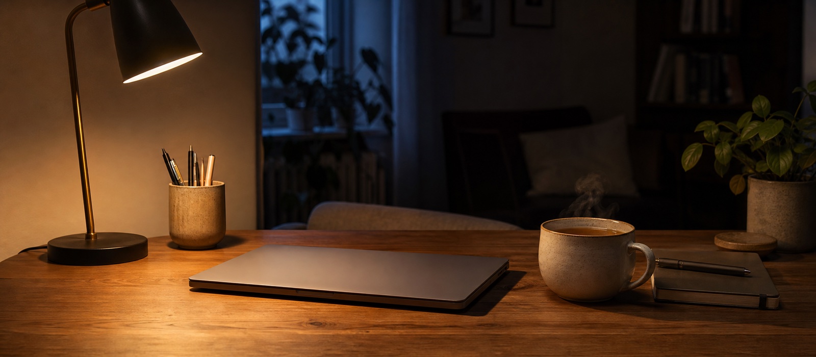 Evening routine hero image: a wind-down snack at a desk under lamp light