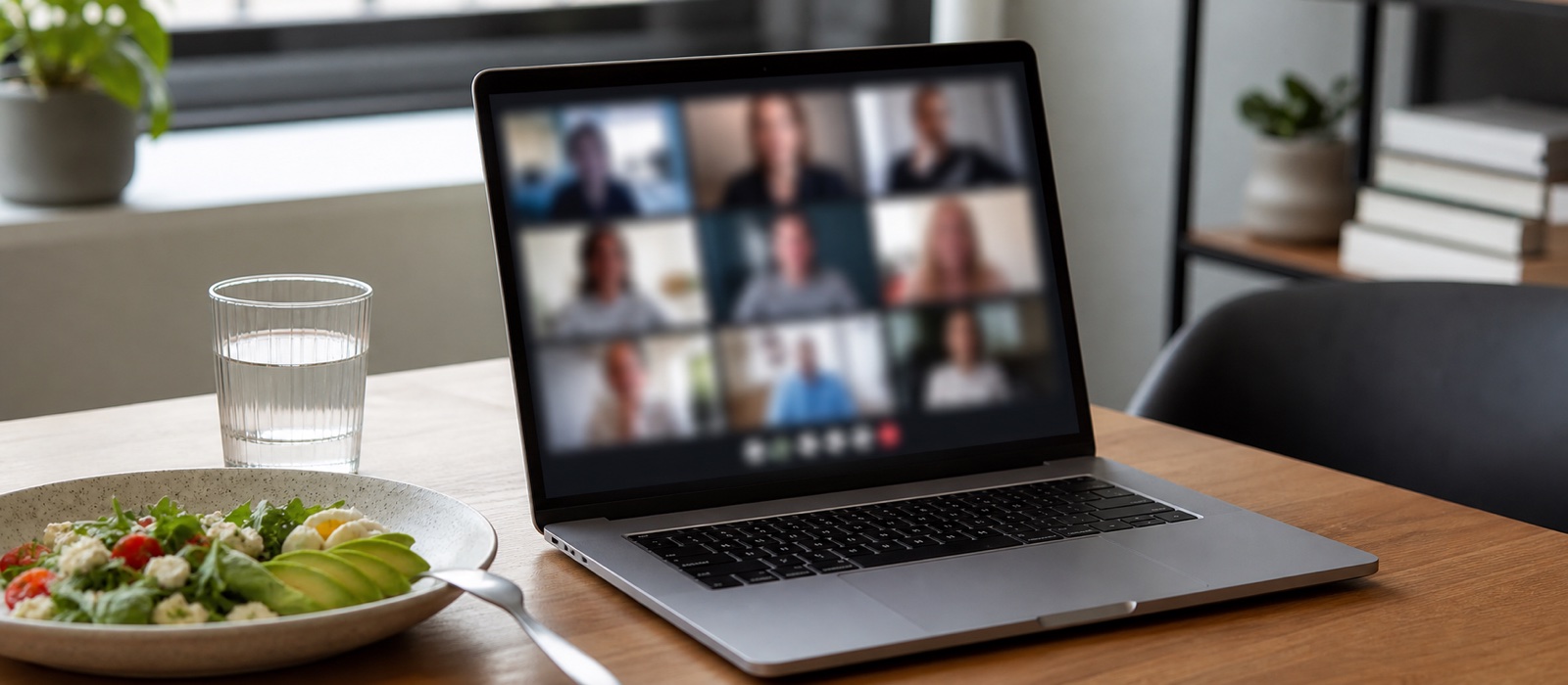 Laptop showing a video call, with food and a drink visible at the edge of the desk